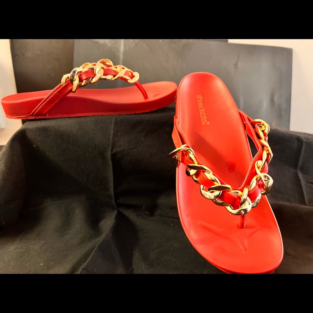 Brand new never worn red flat sandal with gold chain design size 7 1/2